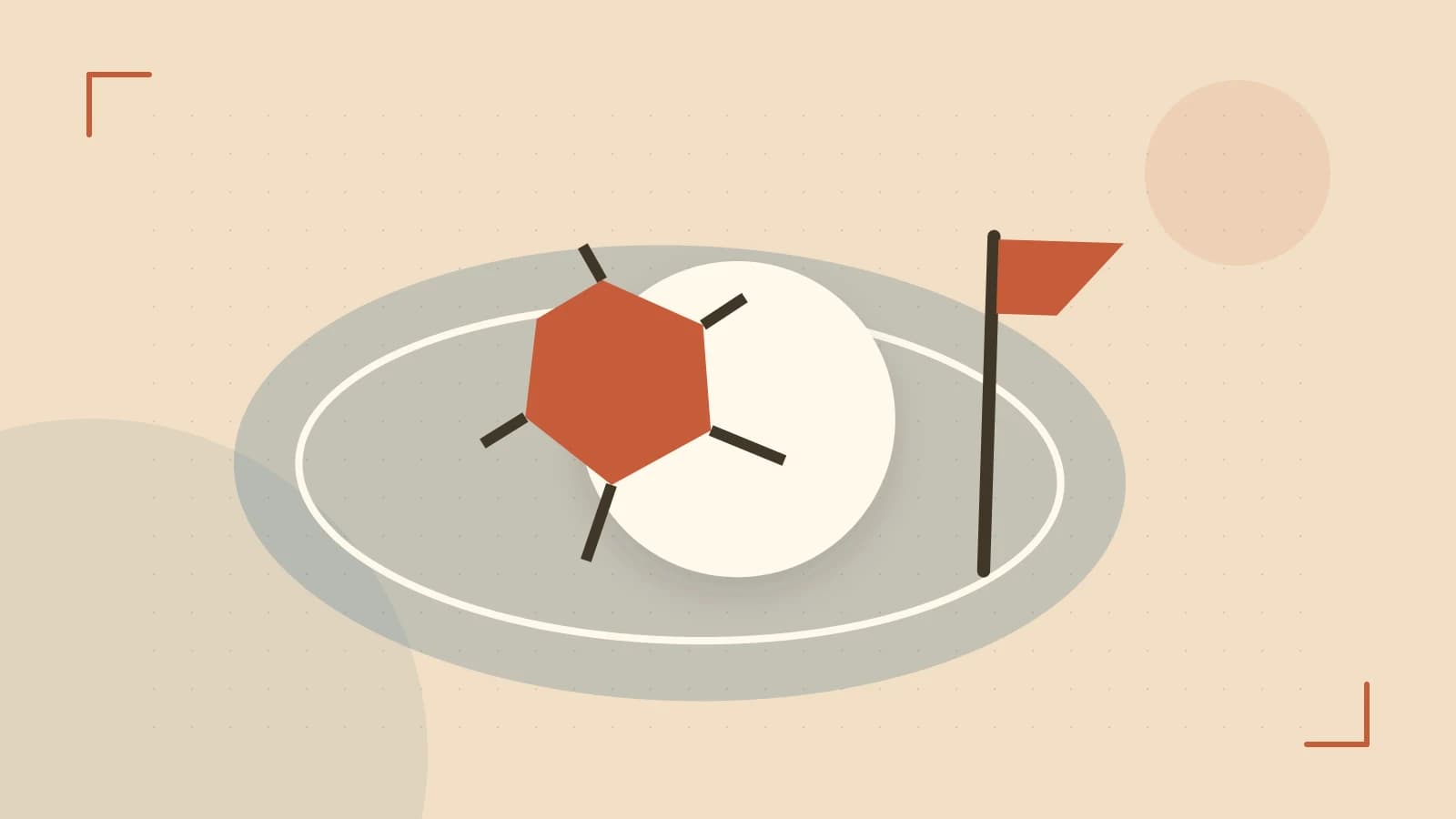 Editorial illustration of a stylized sports ball, stadium geometry and dynamic arcs