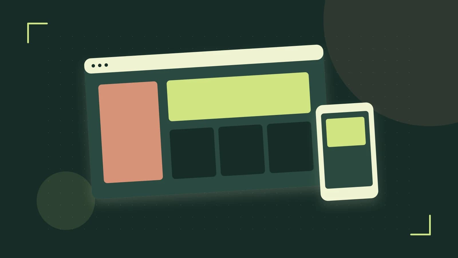 Editorial illustration of responsive browser layouts, overlapping design components and a color system