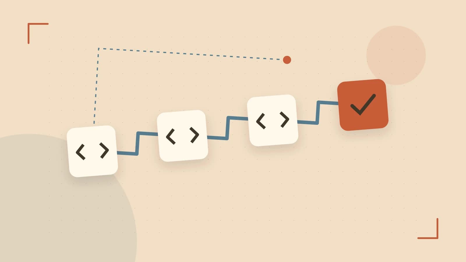 Editorial illustration of a branching build pipeline, staged transformations and a completed check
