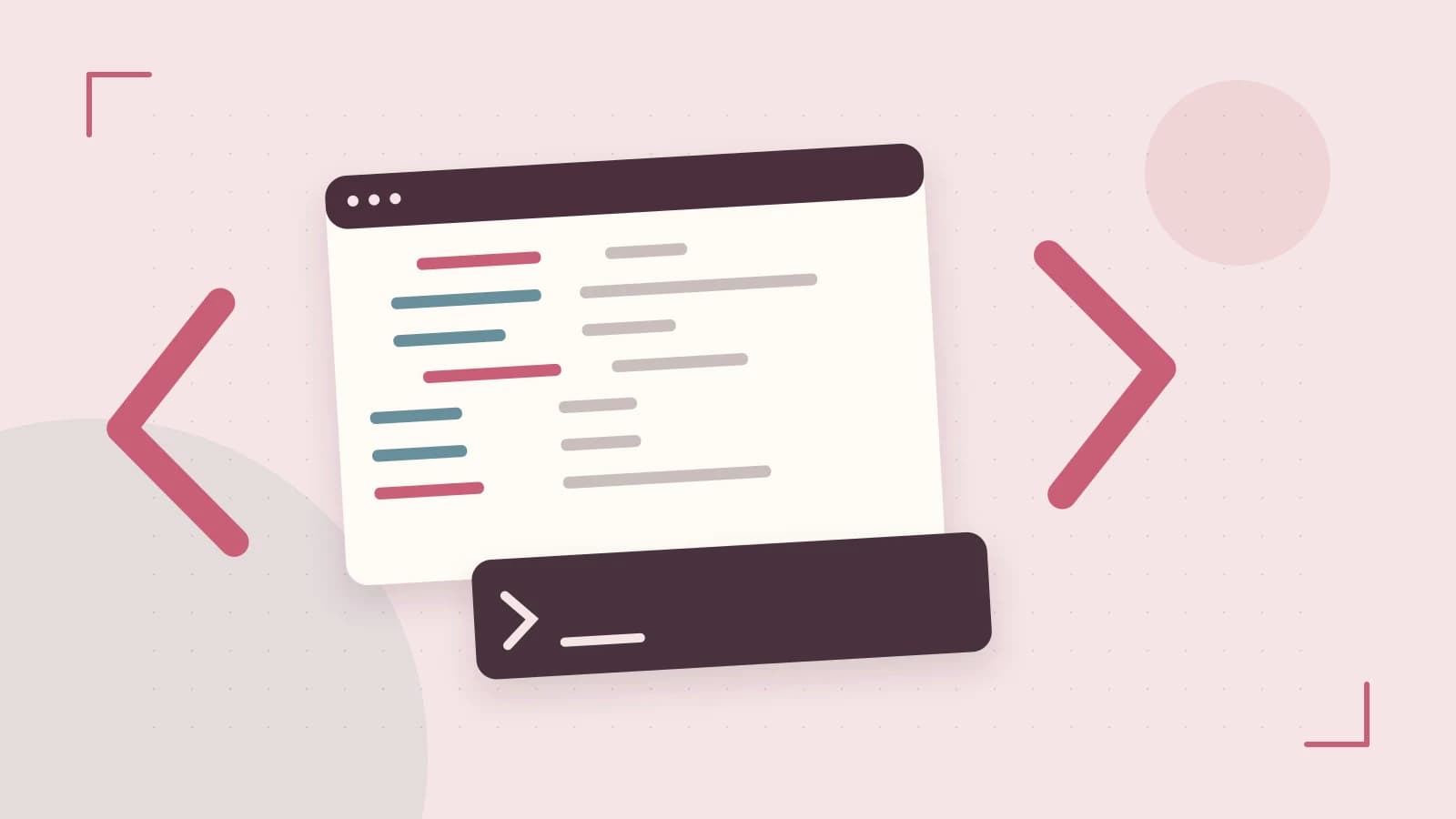Editorial illustration of an abstract code editor, syntax blocks and oversized programming brackets