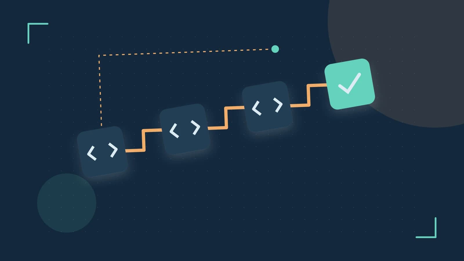 Editorial illustration of a branching build pipeline, staged transformations and a completed check