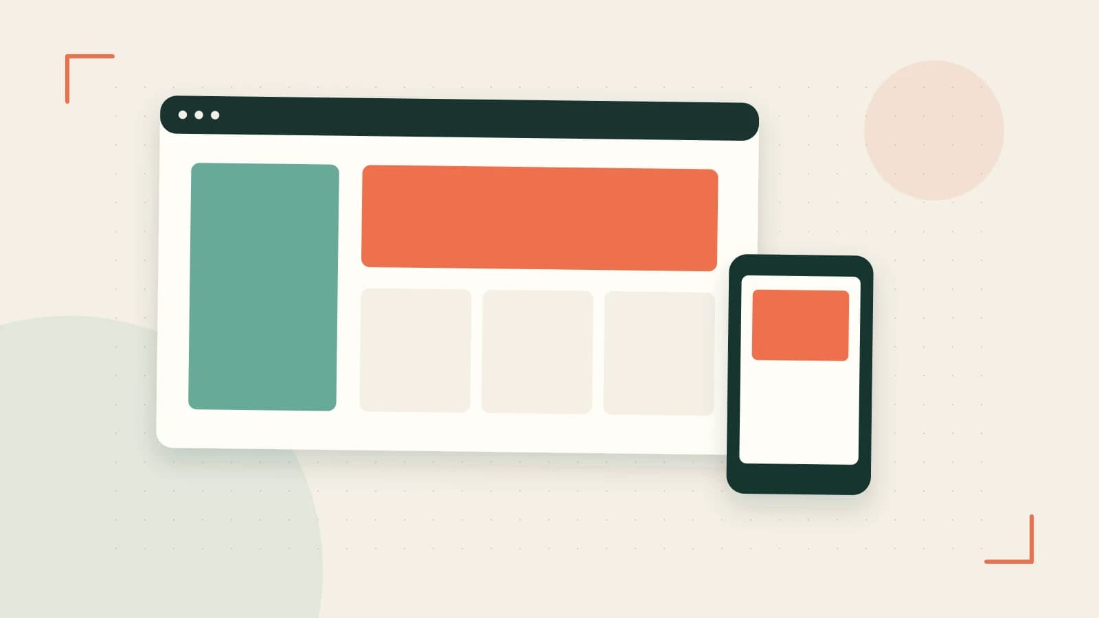 Editorial illustration of responsive browser layouts, overlapping design components and a color system