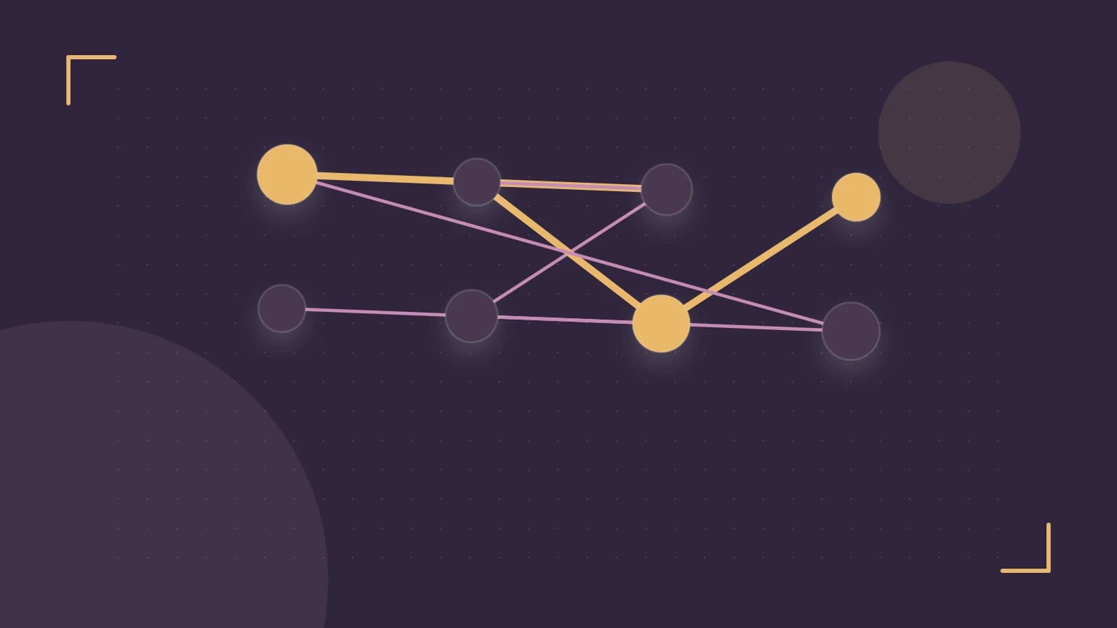 Editorial illustration of an algorithmic node graph with branching paths and a highlighted result