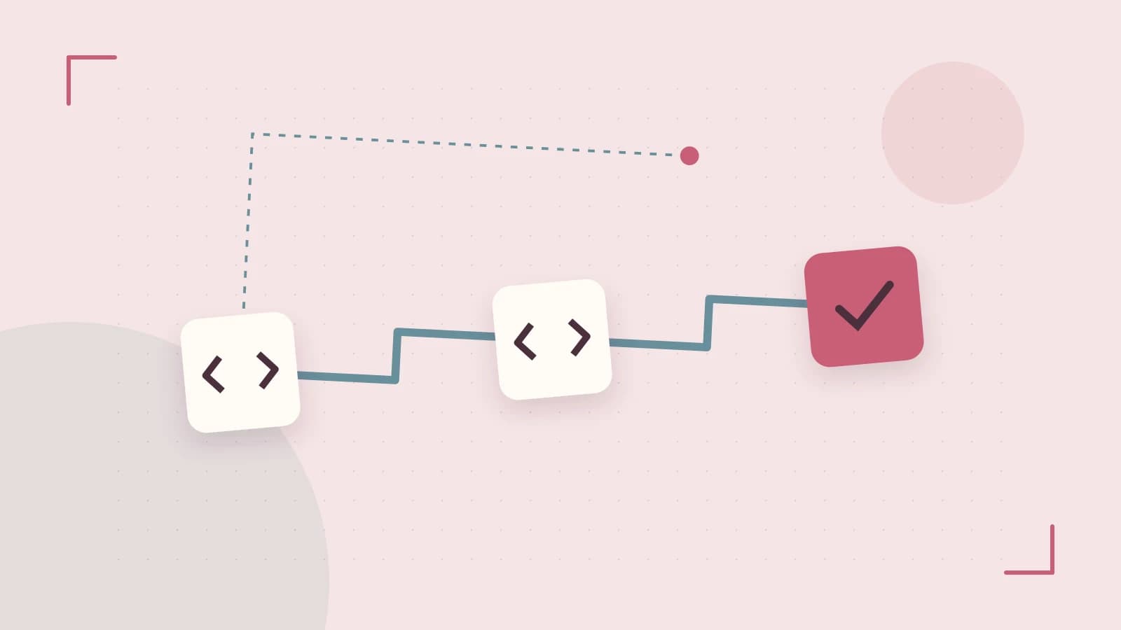 Editorial illustration of a branching build pipeline, staged transformations and a completed check
