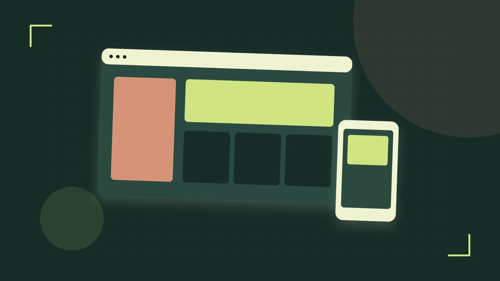 Editorial illustration of responsive browser layouts, overlapping design components and a color system