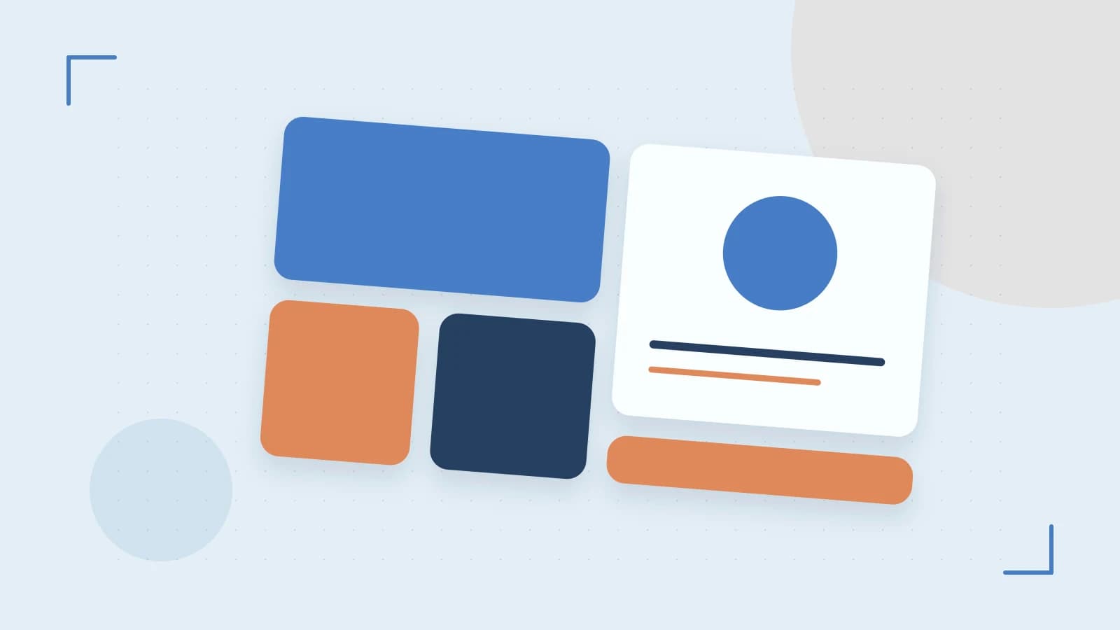 Editorial illustration of responsive browser layouts, overlapping design components and a color system
