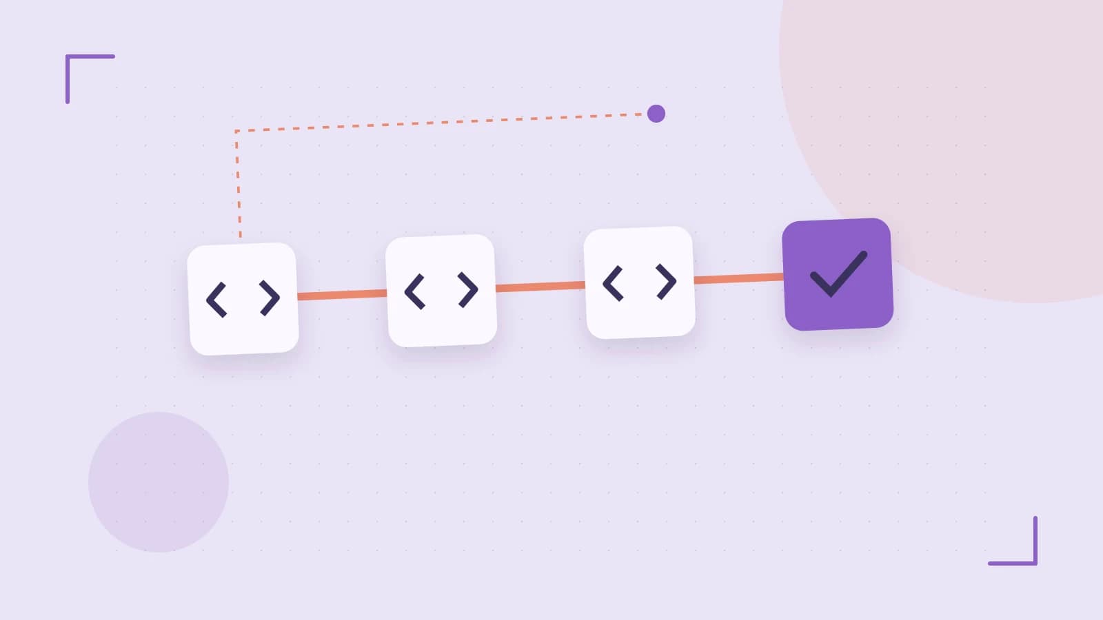 Editorial illustration of a branching build pipeline, staged transformations and a completed check