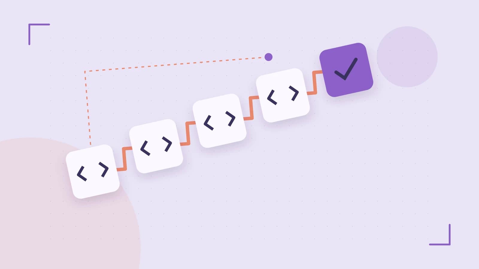 Editorial illustration of a branching build pipeline, staged transformations and a completed check