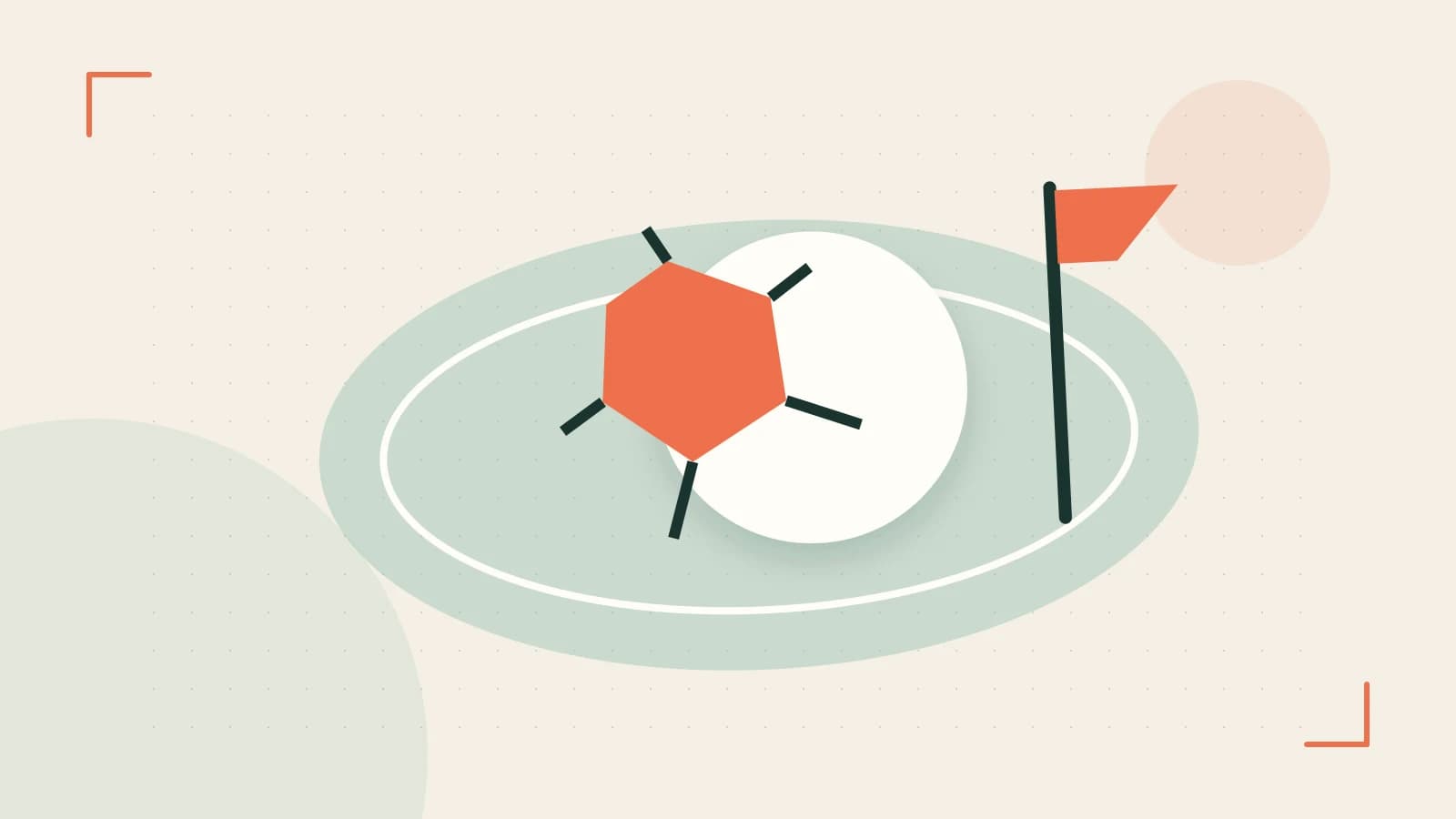 Editorial illustration of a stylized sports ball, stadium geometry and dynamic arcs