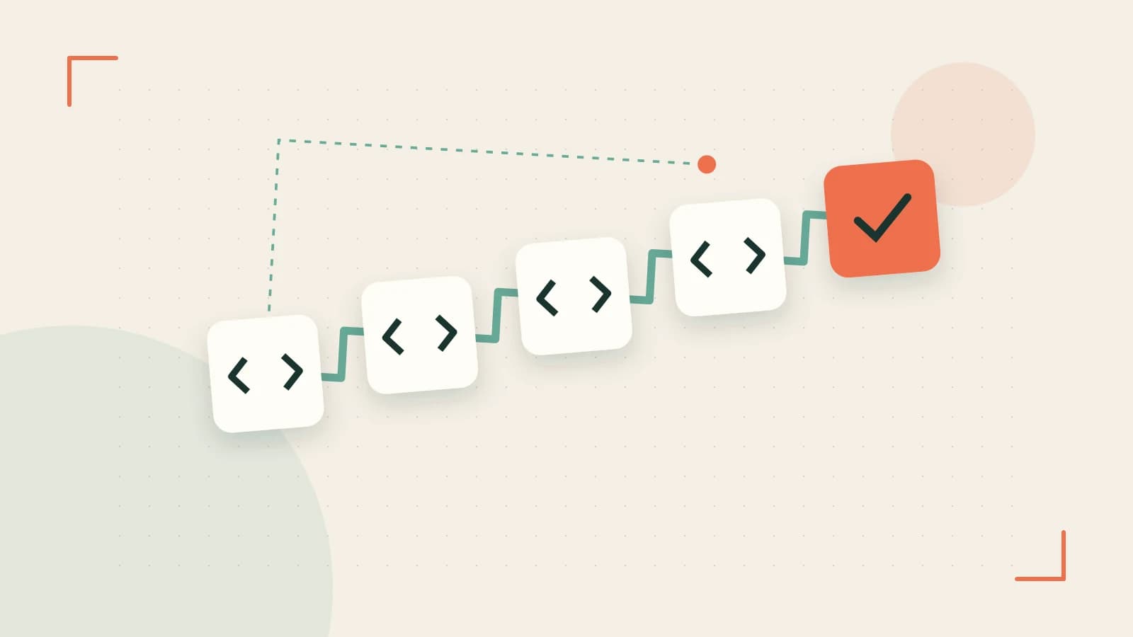 Editorial illustration of a branching build pipeline, staged transformations and a completed check
