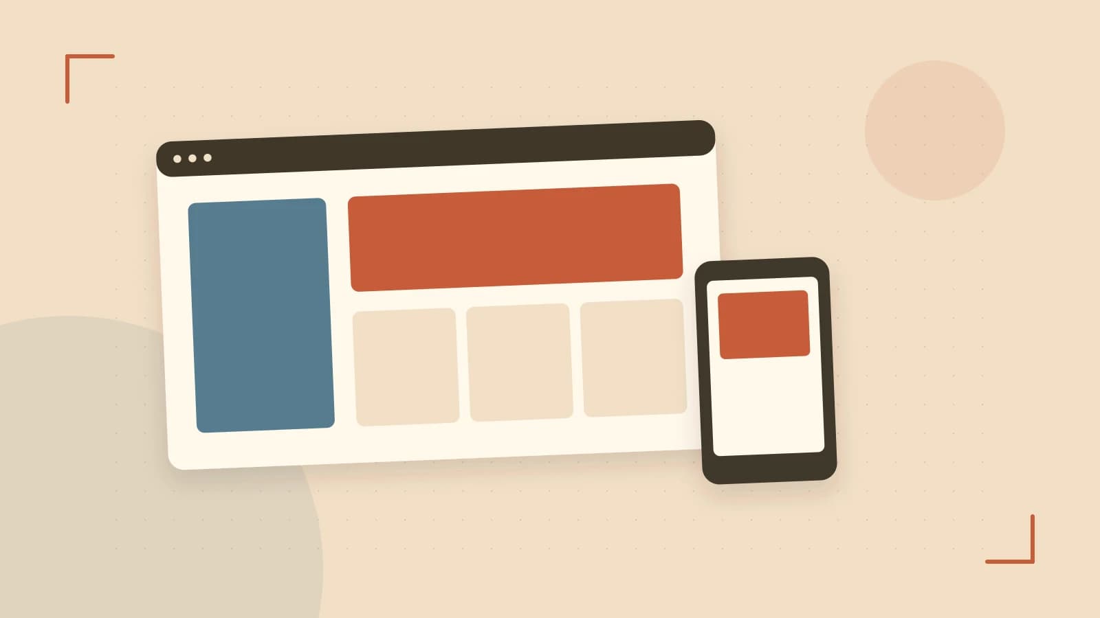 Editorial illustration of responsive browser layouts, overlapping design components and a color system
