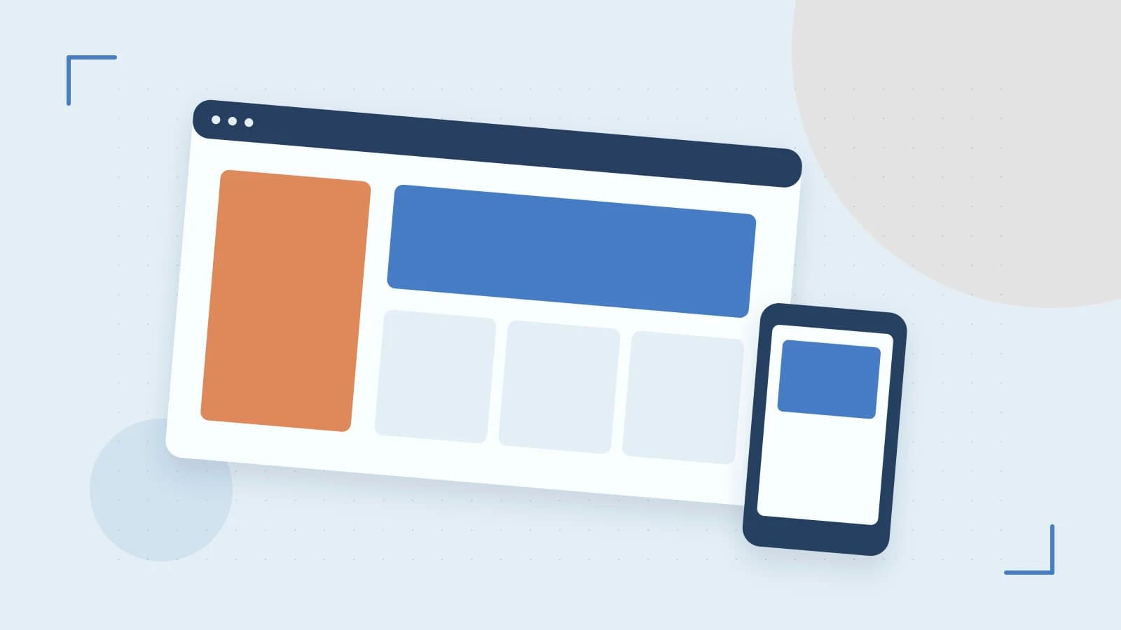 Editorial illustration of responsive browser layouts, overlapping design components and a color system