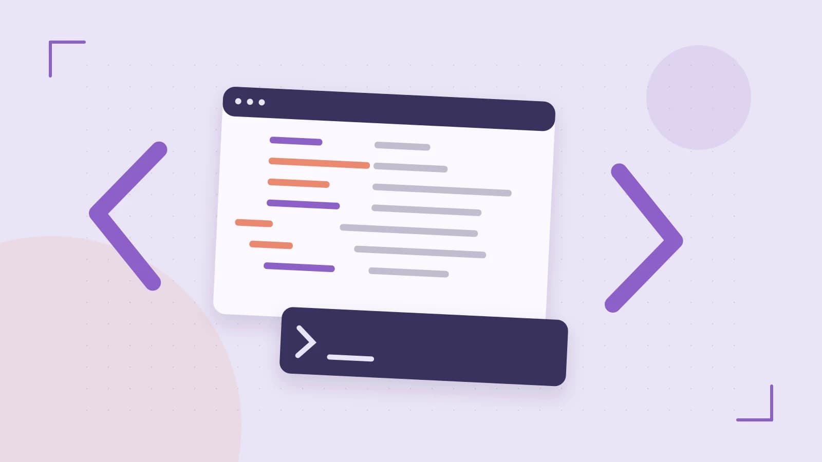 Editorial illustration of an abstract code editor, syntax blocks and oversized programming brackets
