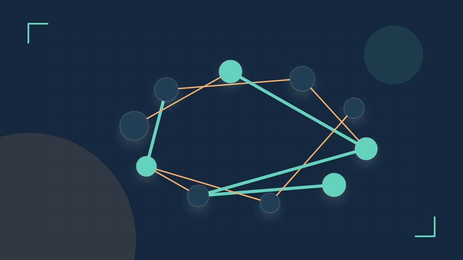 Editorial illustration of an algorithmic node graph with branching paths and a highlighted result
