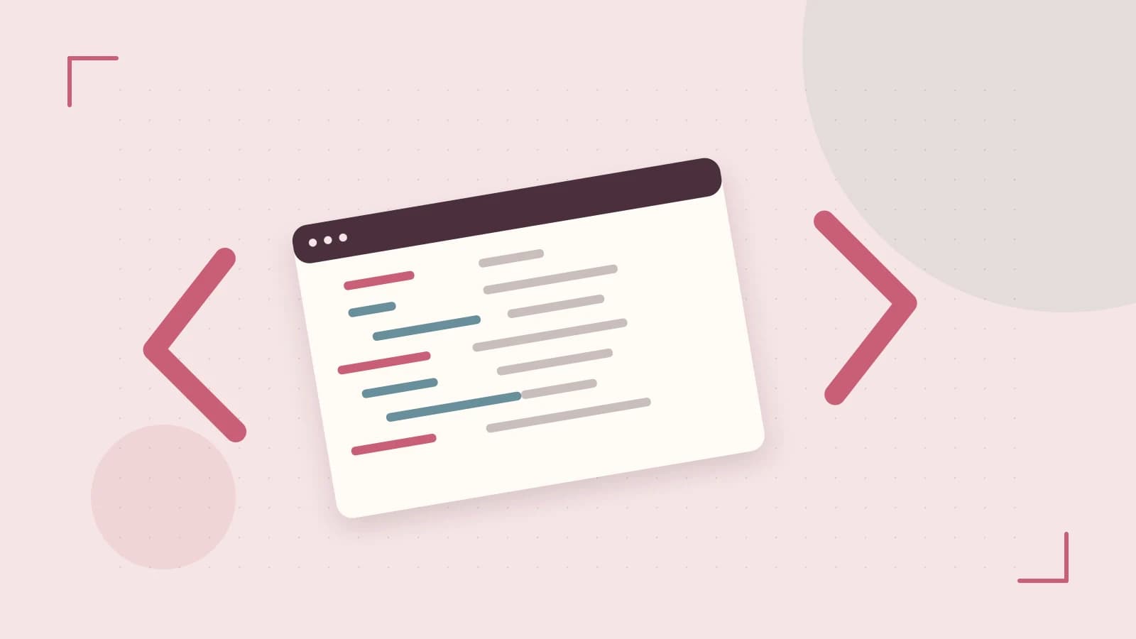 Editorial illustration of an abstract code editor, syntax blocks and oversized programming brackets