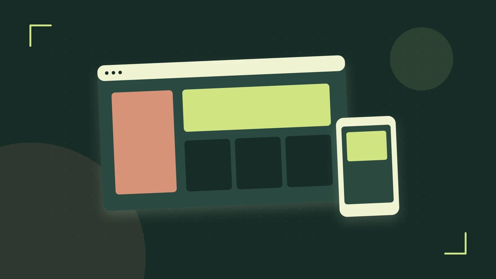 Editorial illustration of responsive browser layouts, overlapping design components and a color system