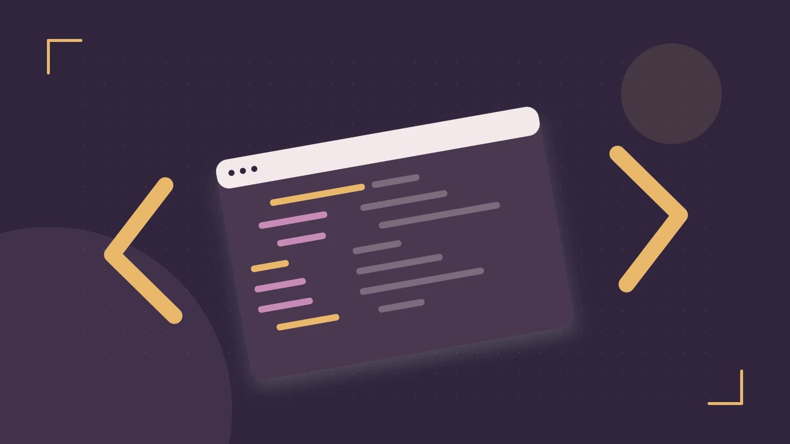 Editorial illustration of an abstract code editor, syntax blocks and oversized programming brackets