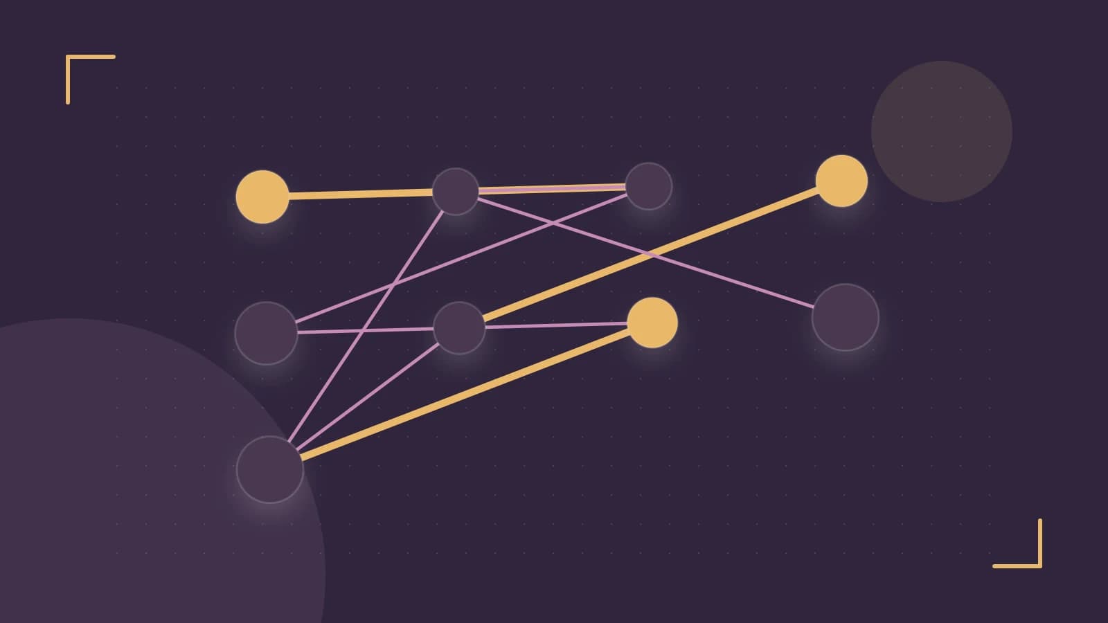 Editorial illustration of an algorithmic node graph with branching paths and a highlighted result