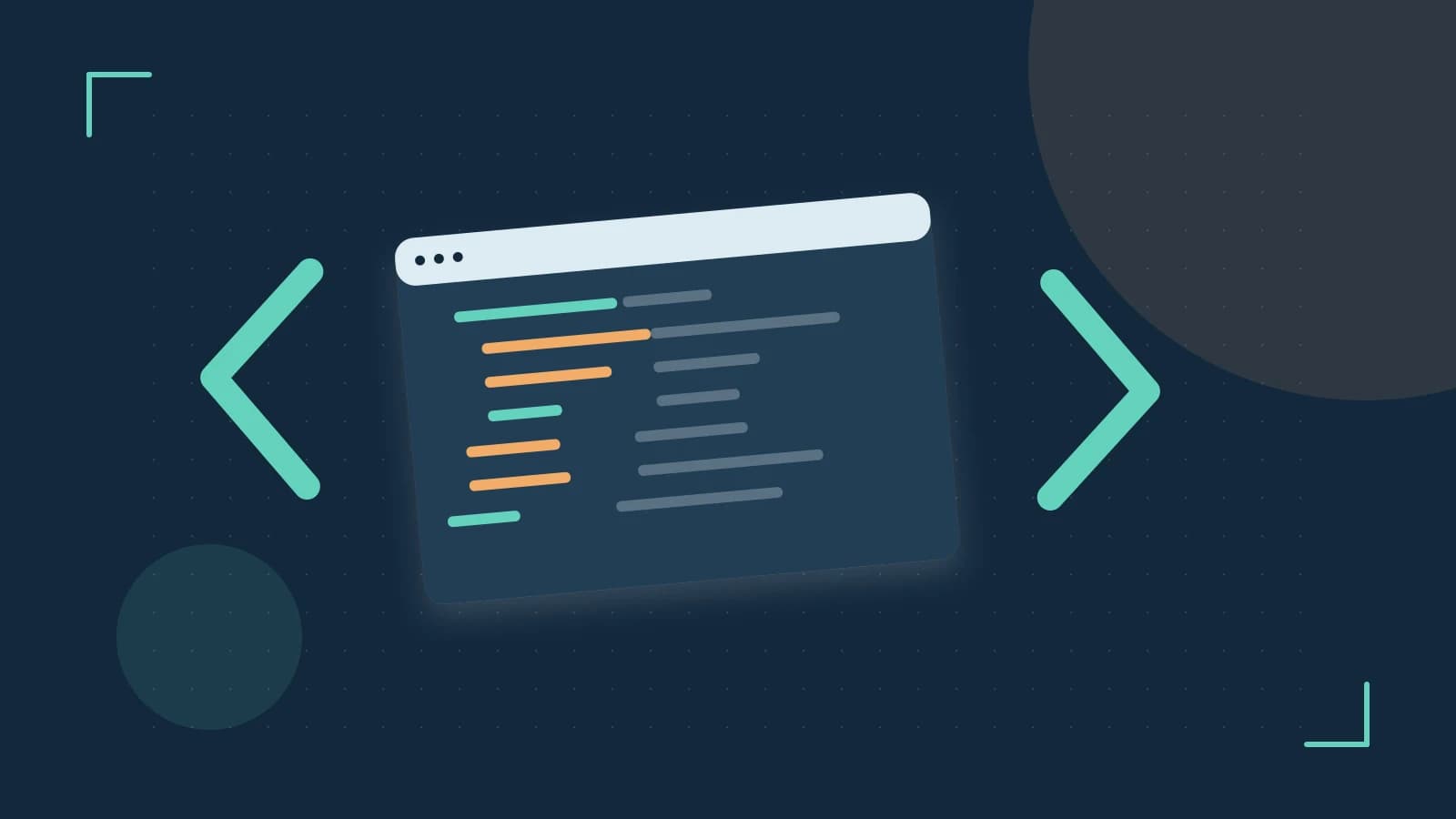 Editorial illustration of an abstract code editor, syntax blocks and oversized programming brackets