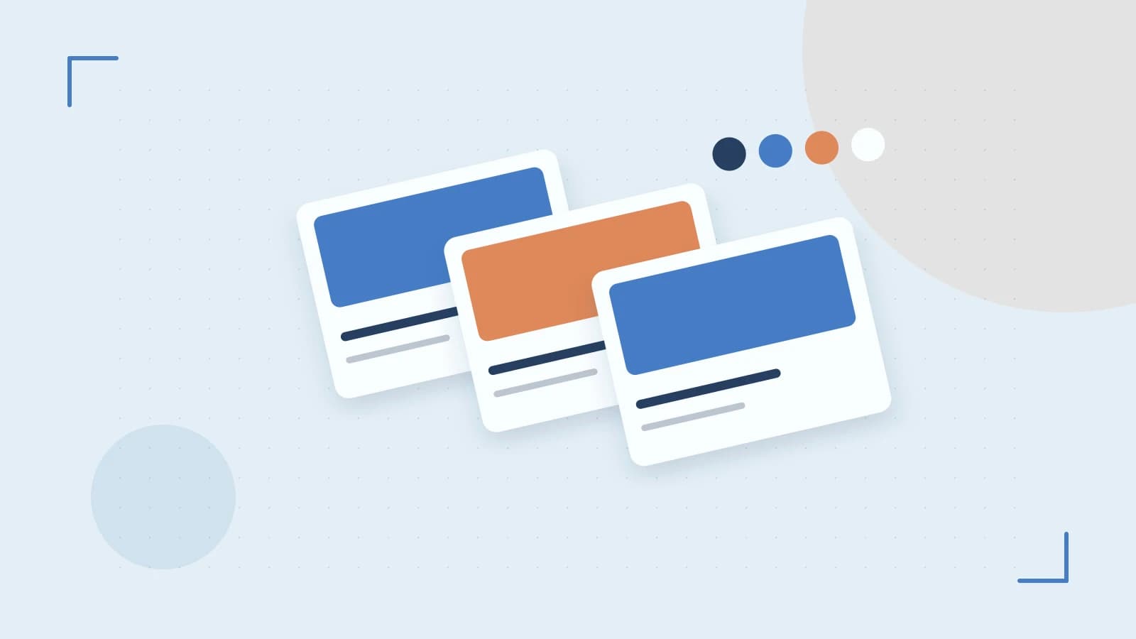 Editorial illustration of responsive browser layouts, overlapping design components and a color system