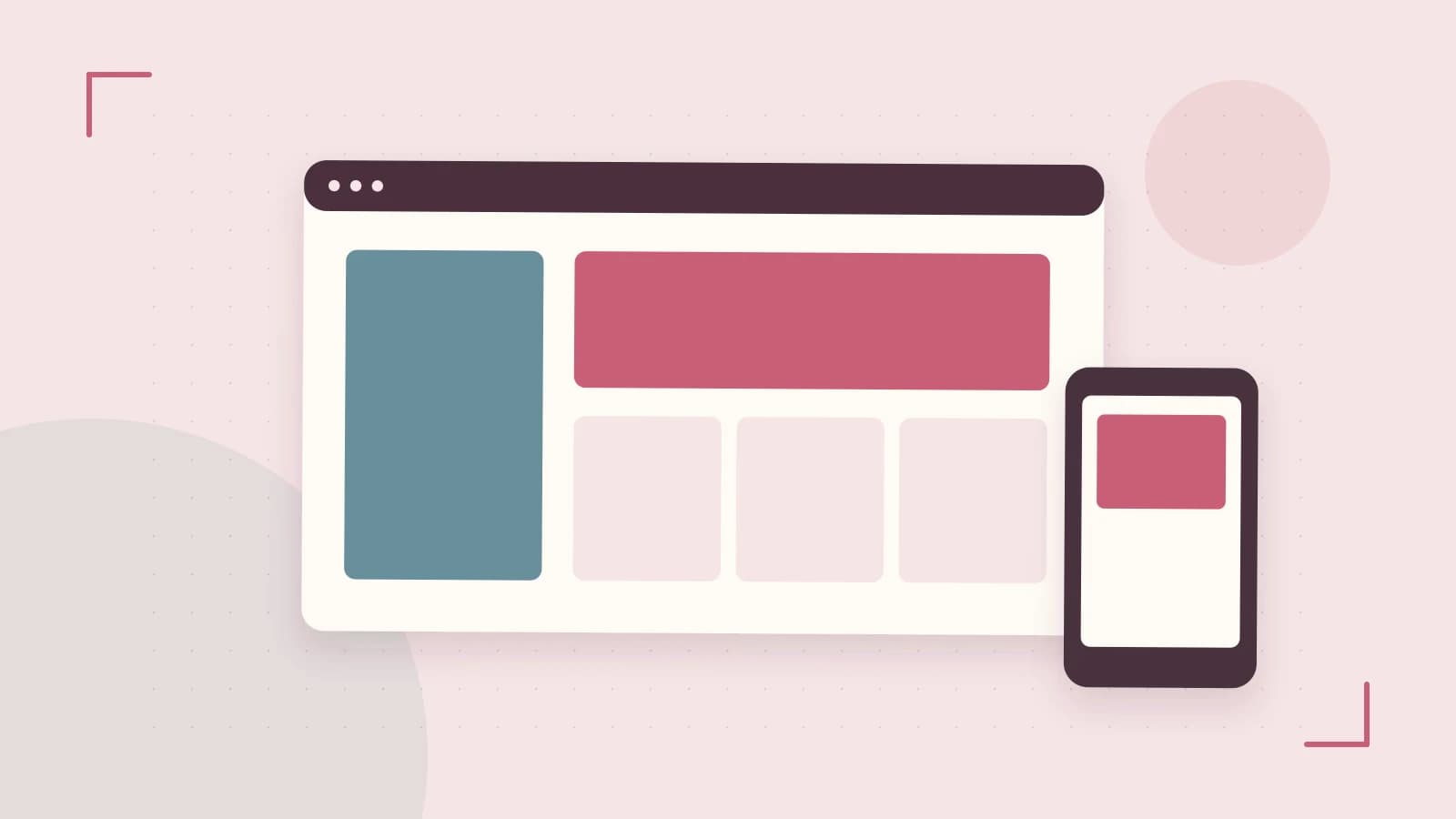 Editorial illustration of responsive browser layouts, overlapping design components and a color system
