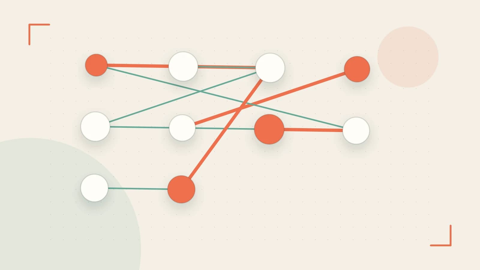 Editorial illustration of an algorithmic node graph with branching paths and a highlighted result