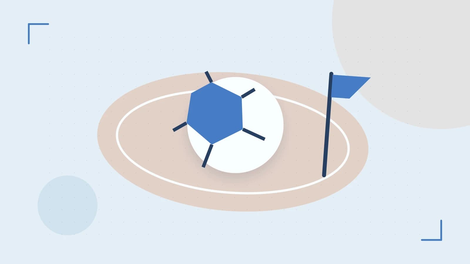 Editorial illustration of a stylized sports ball, stadium geometry and dynamic arcs
