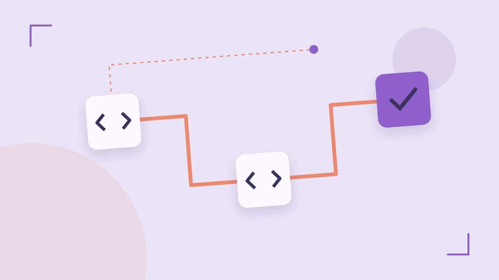 Editorial illustration of a branching build pipeline, staged transformations and a completed check