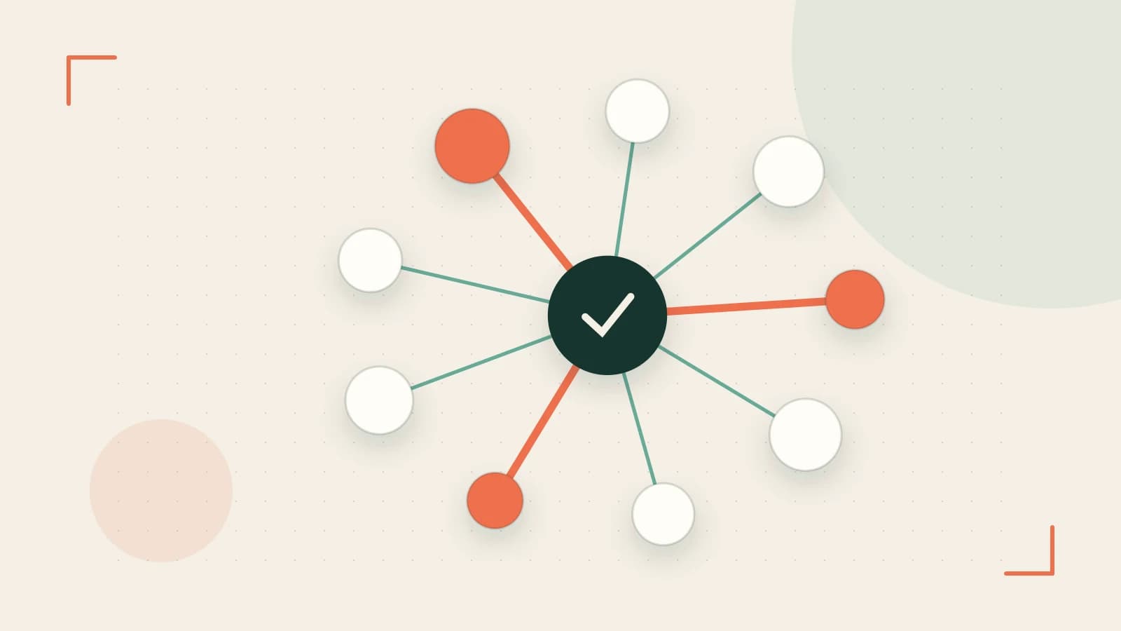 Editorial illustration of an algorithmic node graph with branching paths and a highlighted result