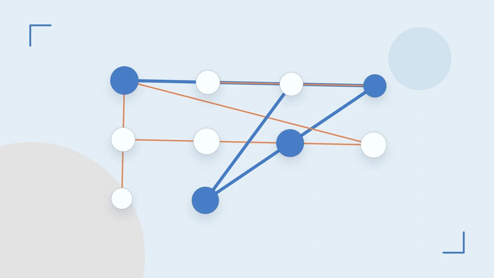 Editorial illustration of an algorithmic node graph with branching paths and a highlighted result