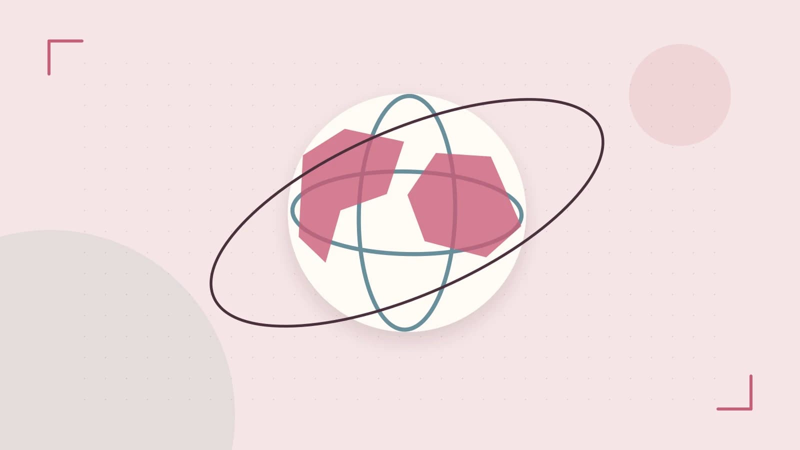 Editorial illustration of an editorial globe with meridians and layered geographic shapes