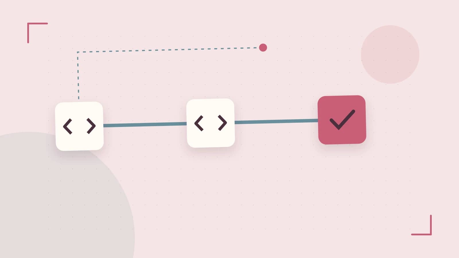 Editorial illustration of a branching build pipeline, staged transformations and a completed check