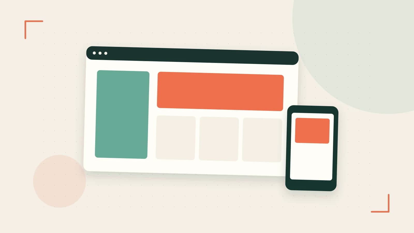 Editorial illustration of responsive browser layouts, overlapping design components and a color system