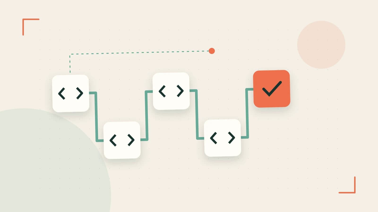 Editorial illustration of a branching build pipeline, staged transformations and a completed check