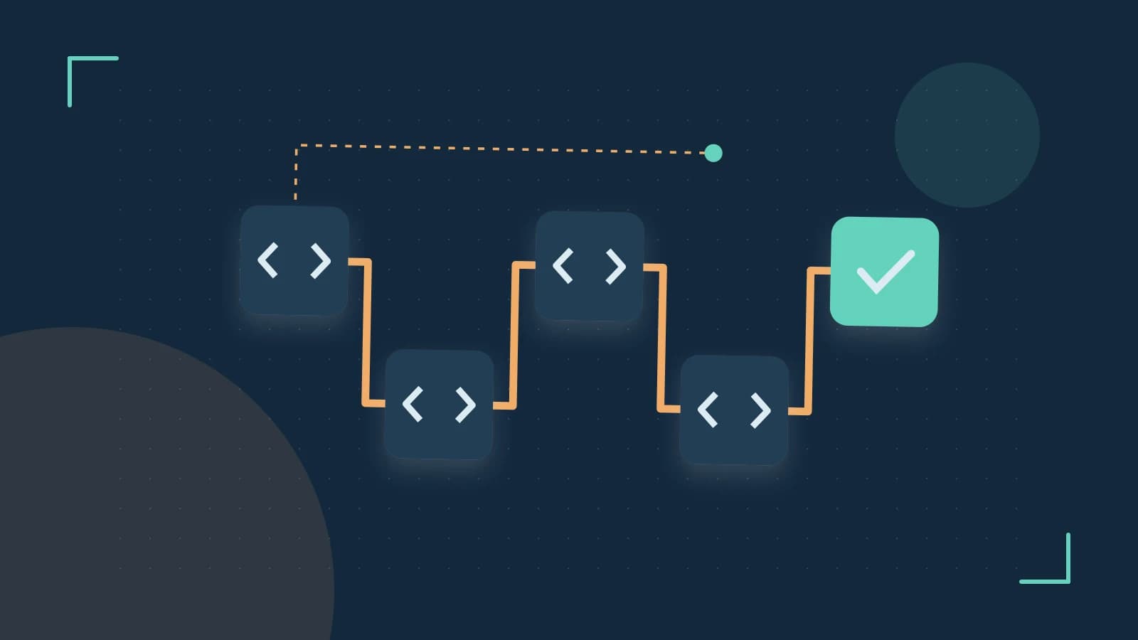 Editorial illustration of a branching build pipeline, staged transformations and a completed check