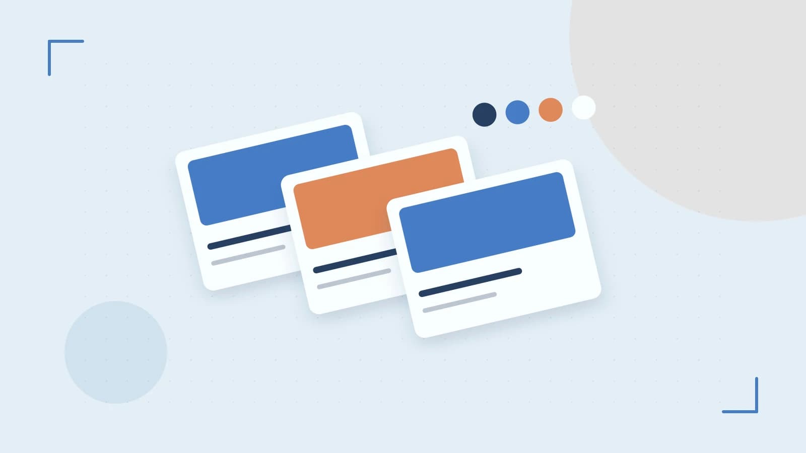 Editorial illustration of responsive browser layouts, overlapping design components and a color system
