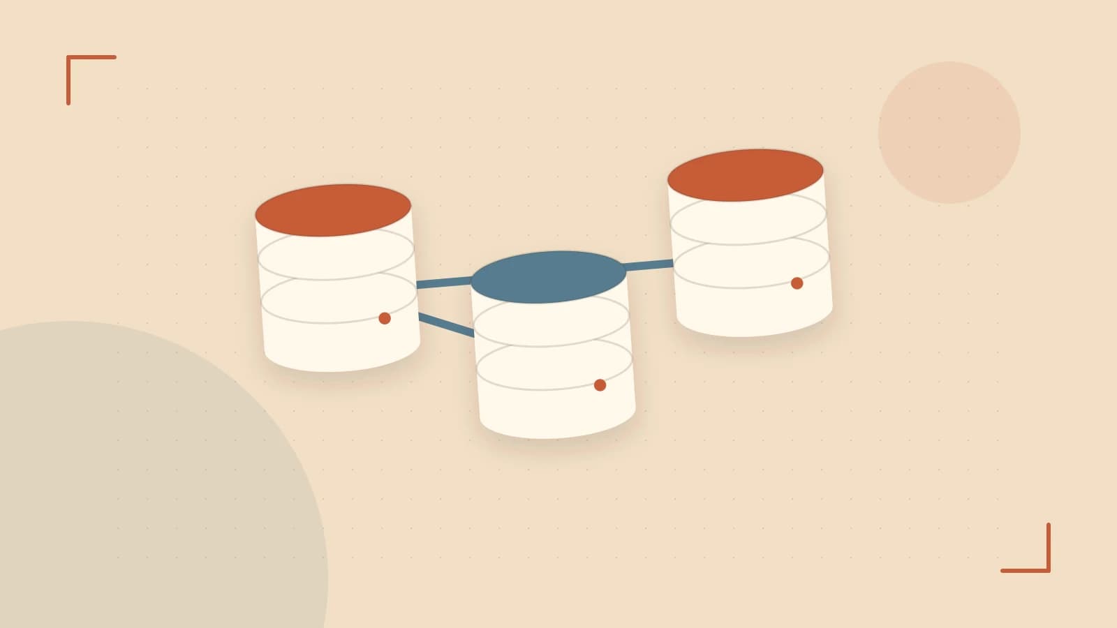 Editorial illustration of structured records, database cylinders and relationships between tables