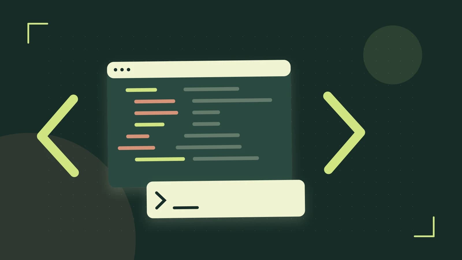 Editorial illustration of an abstract code editor, syntax blocks and oversized programming brackets