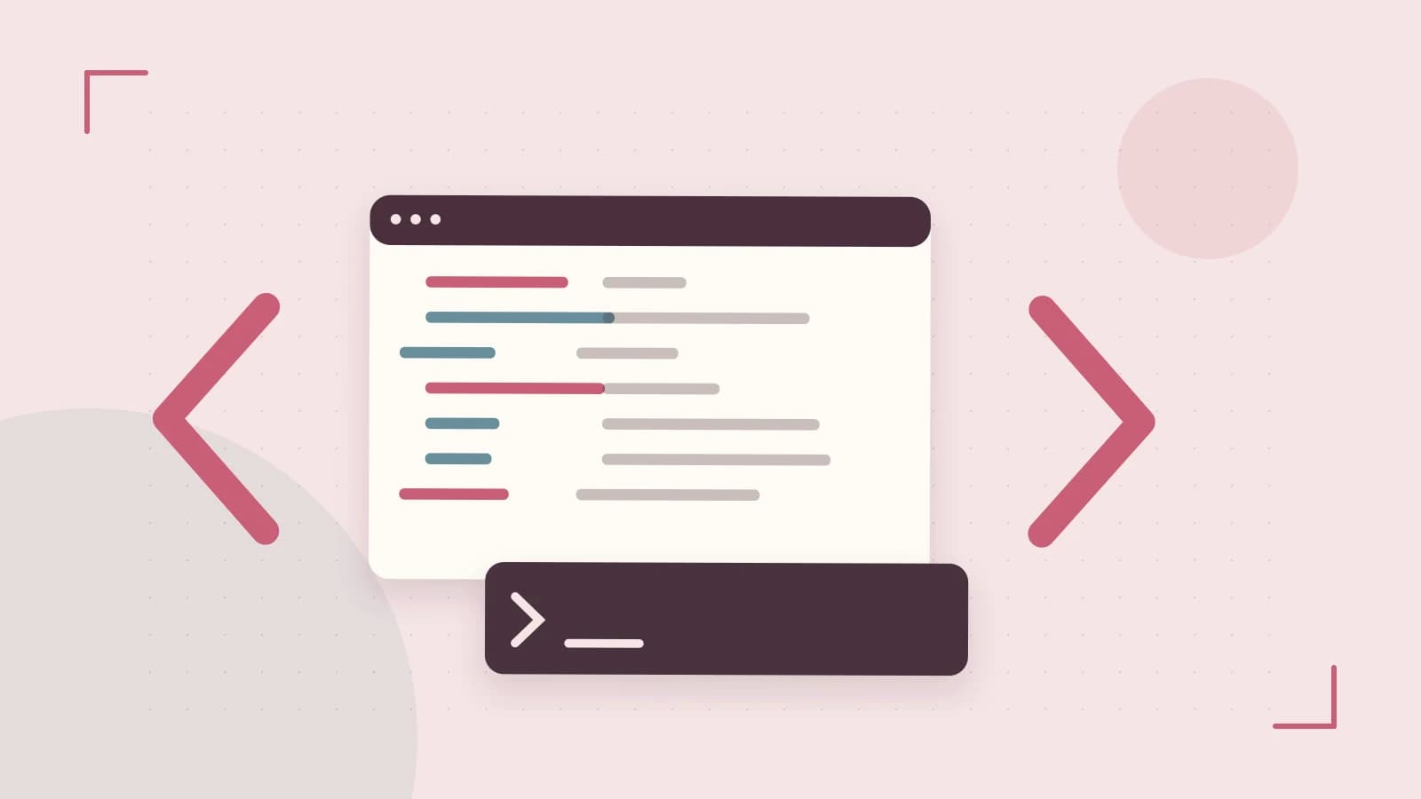 Editorial illustration of an abstract code editor, syntax blocks and oversized programming brackets