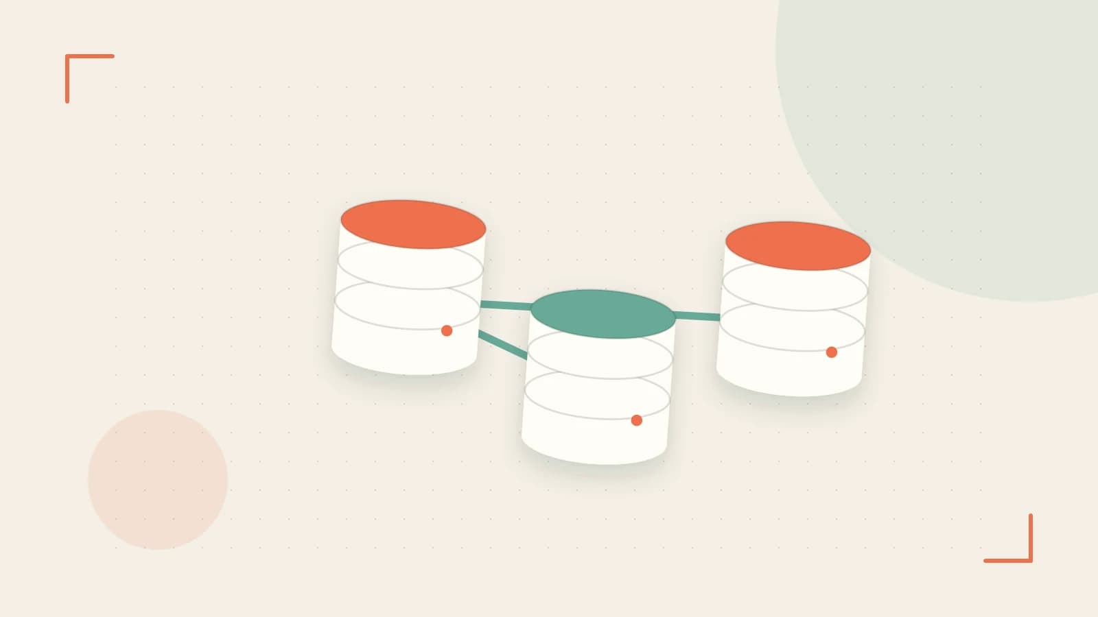Editorial illustration of structured records, database cylinders and relationships between tables