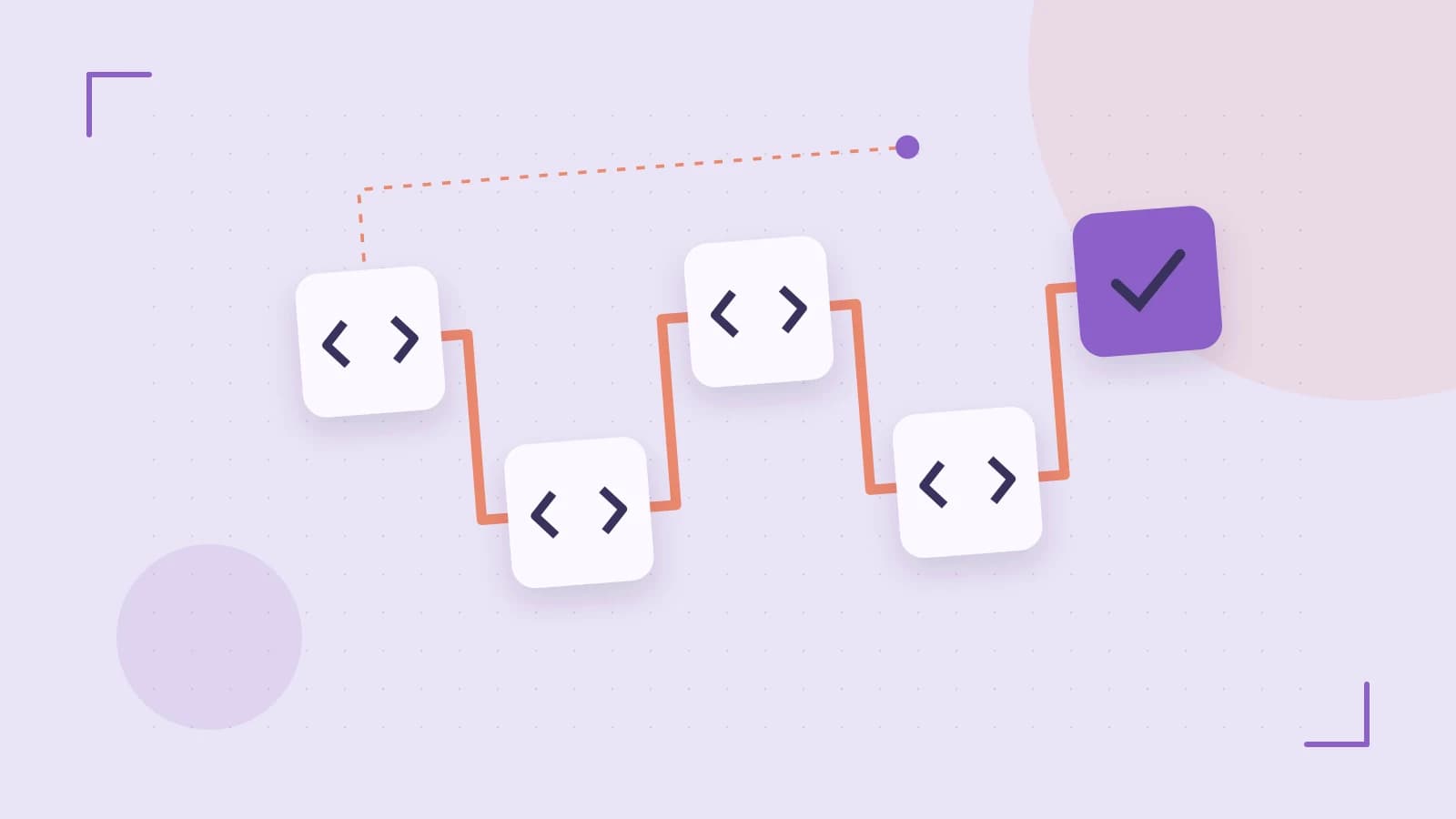 Editorial illustration of a branching build pipeline, staged transformations and a completed check