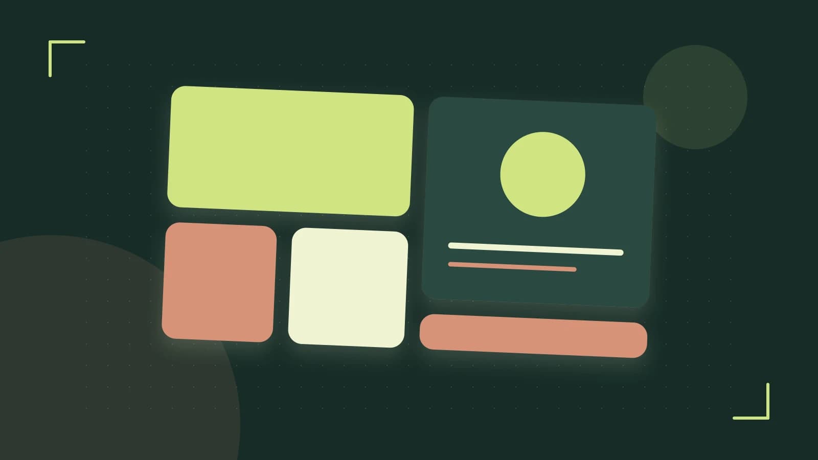 Editorial illustration of responsive browser layouts, overlapping design components and a color system
