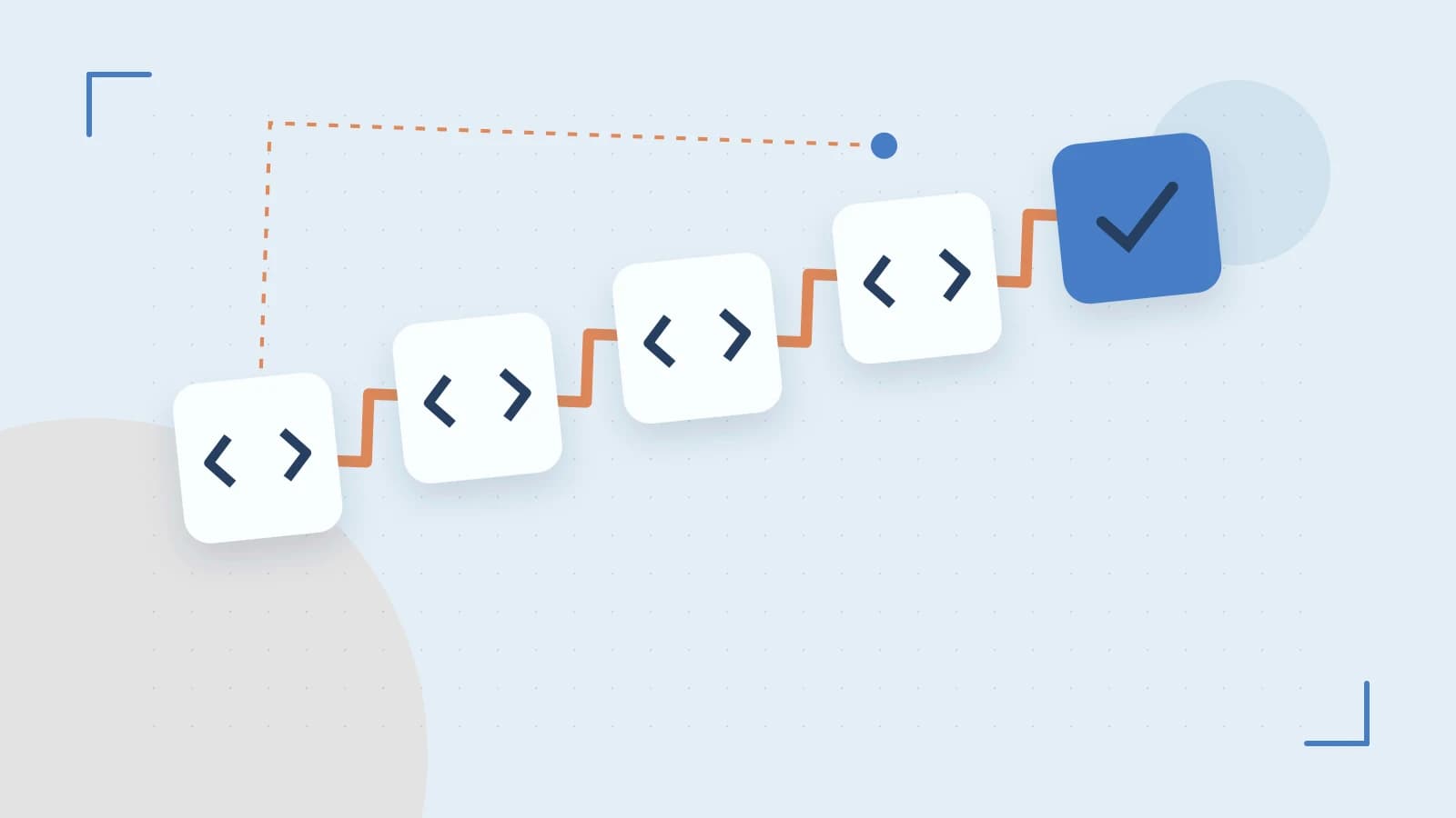 Editorial illustration of a branching build pipeline, staged transformations and a completed check