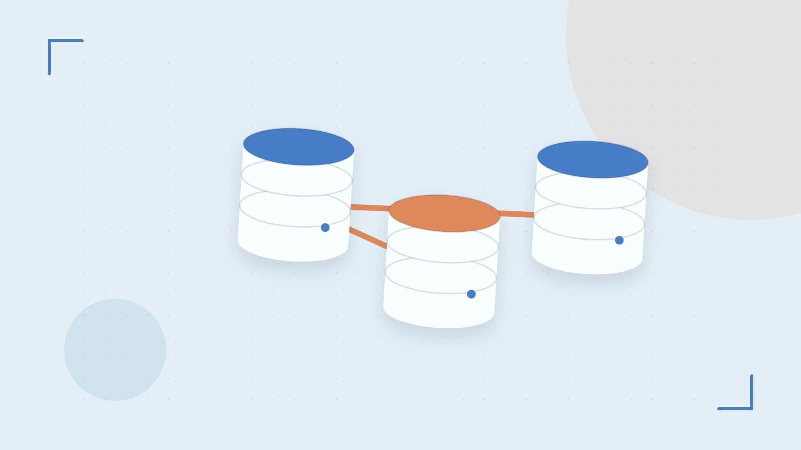 Editorial illustration of structured records, database cylinders and relationships between tables
