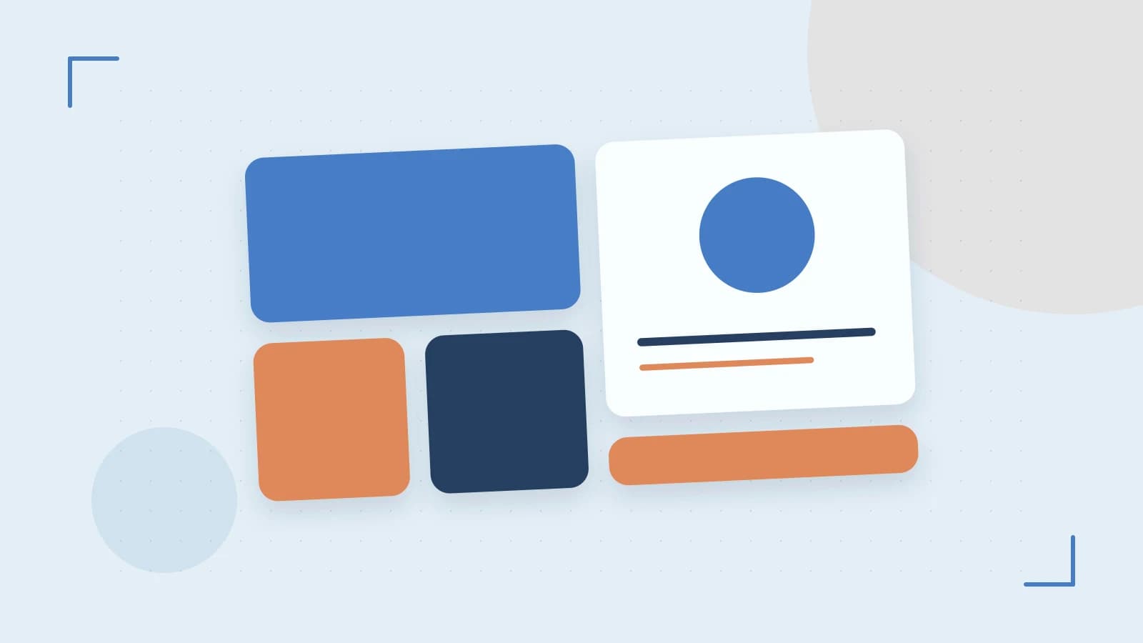 Editorial illustration of responsive browser layouts, overlapping design components and a color system