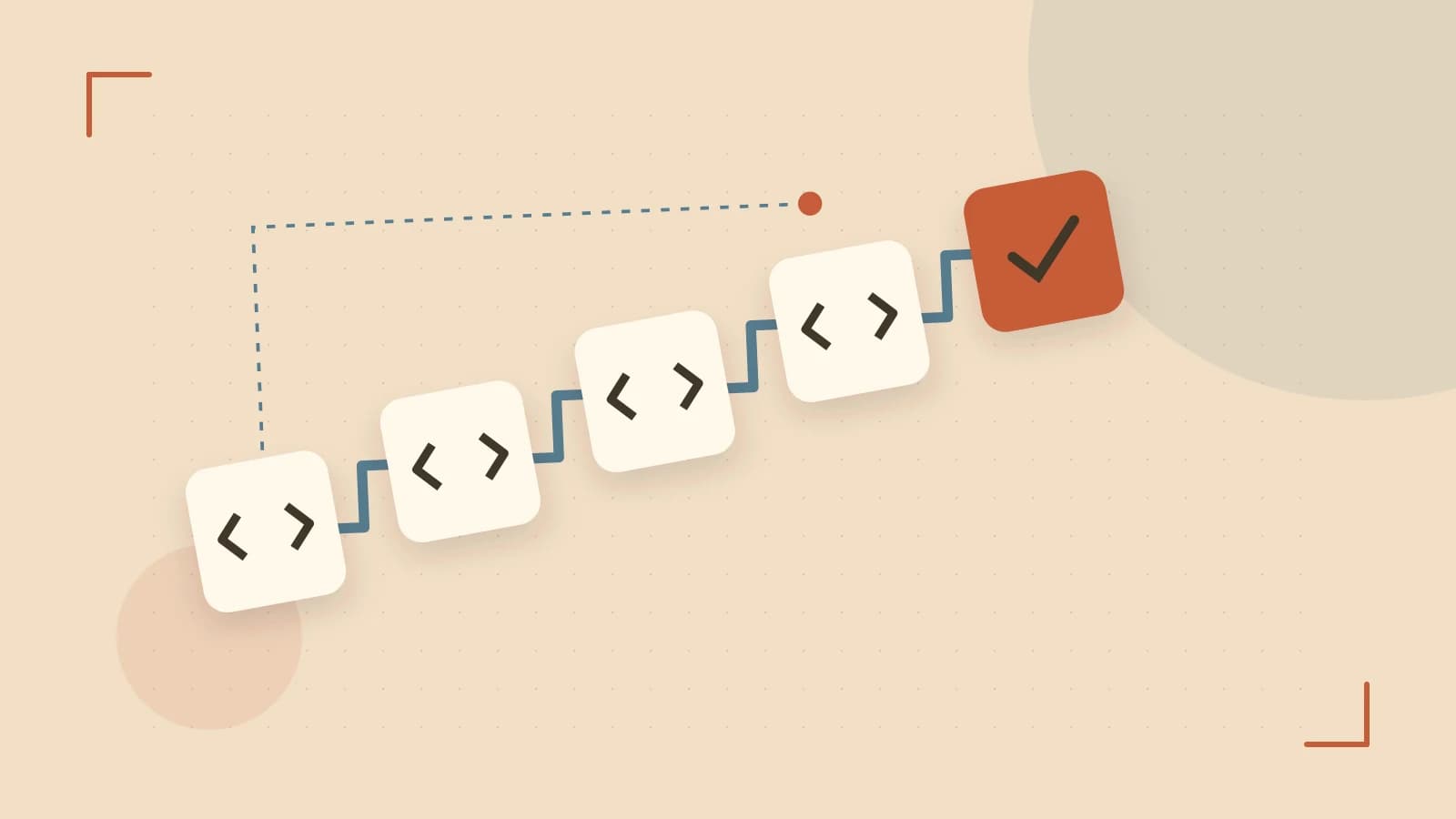 Editorial illustration of a branching build pipeline, staged transformations and a completed check