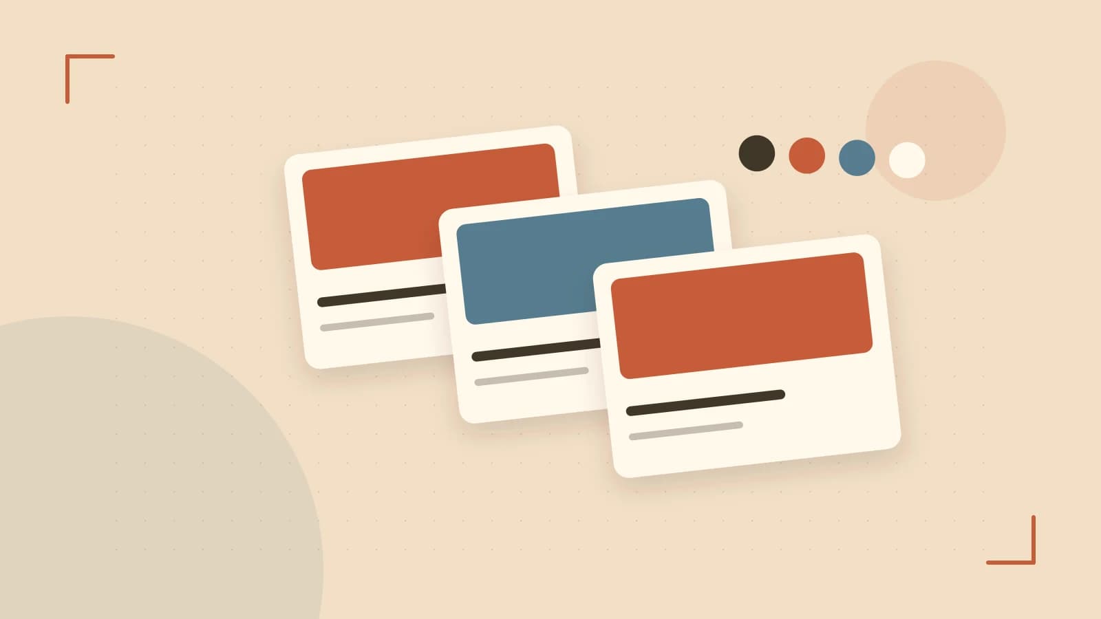 Editorial illustration of responsive browser layouts, overlapping design components and a color system