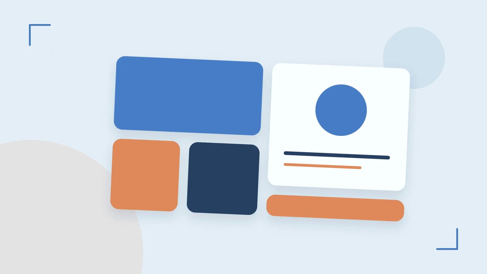 Editorial illustration of responsive browser layouts, overlapping design components and a color system