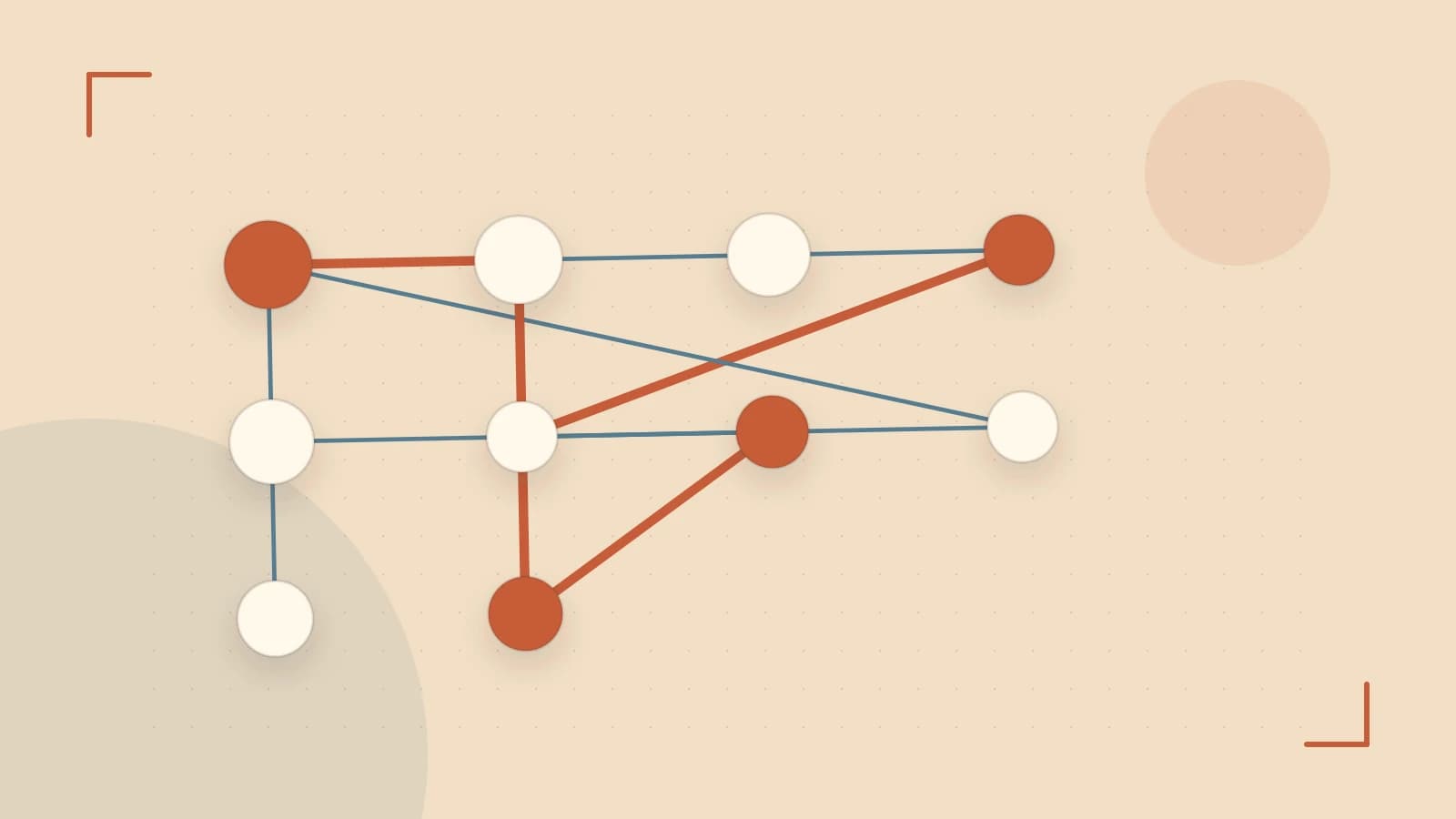 Editorial illustration of an algorithmic node graph with branching paths and a highlighted result