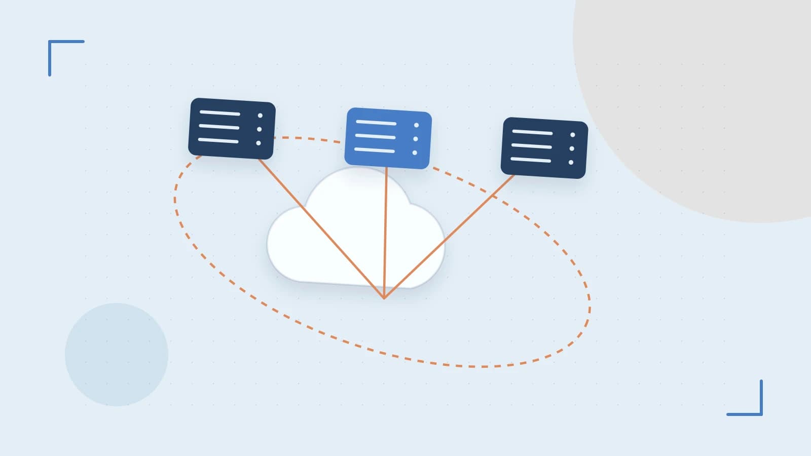 Editorial illustration of cloud infrastructure, connected server racks and an orbital service map